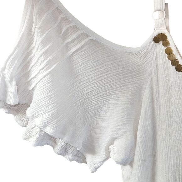 TORRID MINI IVORY GAUZY Cold Shoulder Trapeze dress With Gold Sequins - Picture 9 of 16